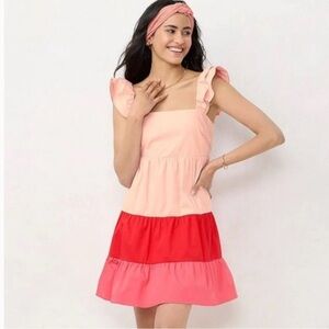 Lauren Conrad pink and red tiered colorblock ruffle dress tie in back size LG